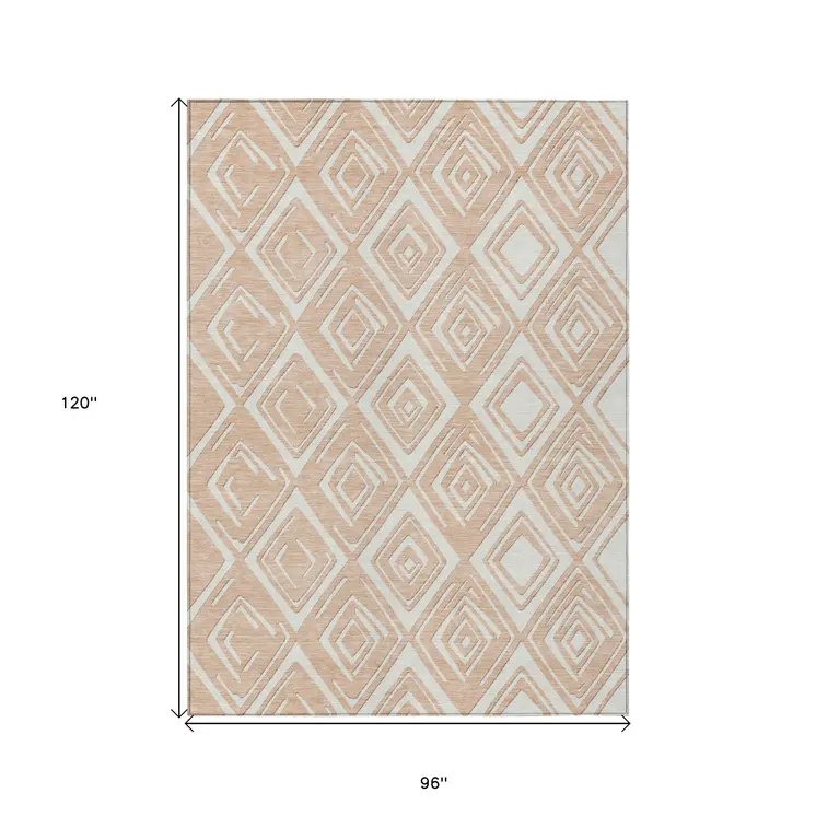 8' X 10' Peach And Ivory Geometric Washable Indoor Outdoor Area Rug