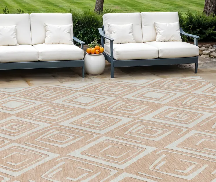 8' X 10' Peach And Ivory Geometric Washable Indoor Outdoor Area Rug