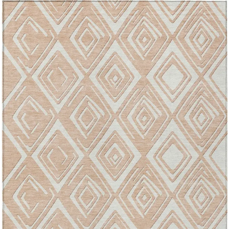 10' X 14' Peach And Ivory Geometric Washable Indoor Outdoor Area Rug