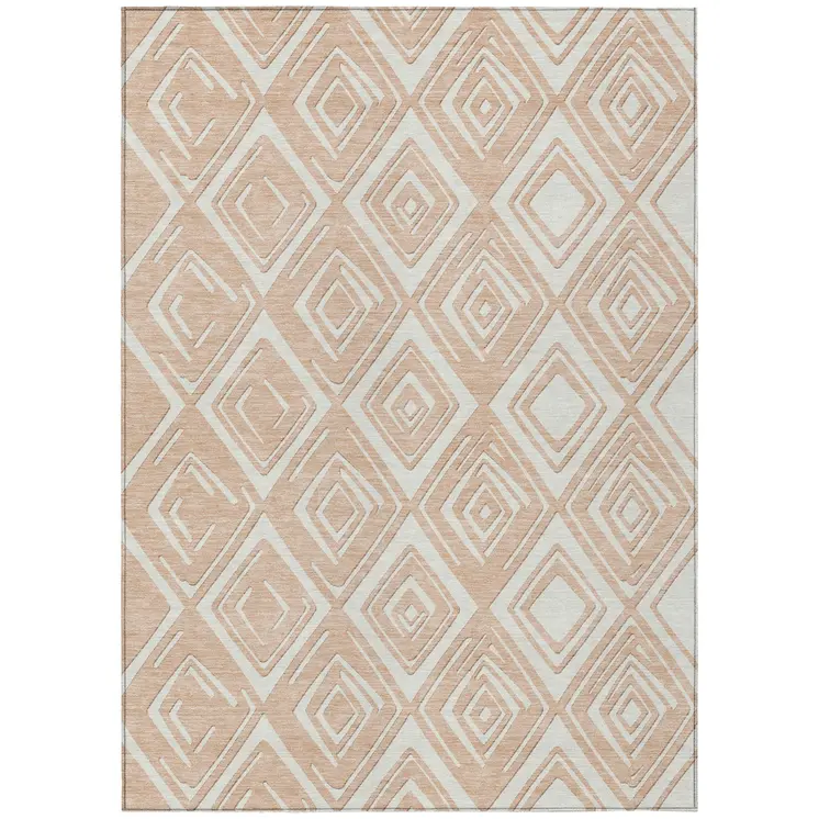 10' X 14' Peach And Ivory Geometric Washable Indoor Outdoor Area Rug