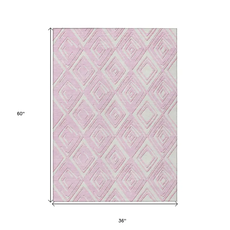 3' X 5' Pink And Ivory Geometric Washable Indoor Outdoor Area Rug