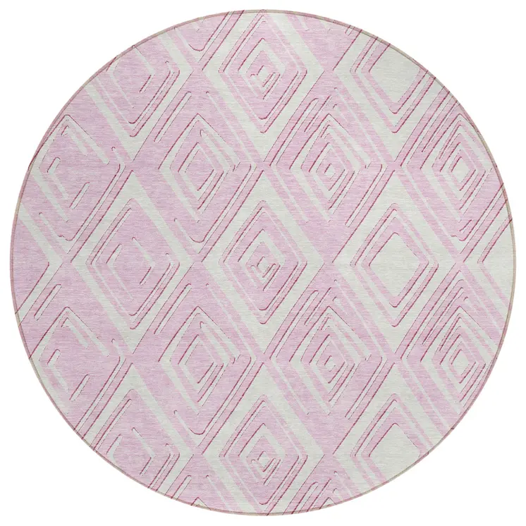 8' Pink And Ivory Round Geometric Washable Indoor Outdoor Area Rug