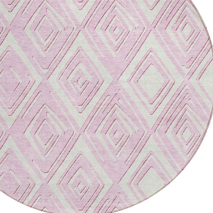 8' Pink And Ivory Round Geometric Washable Indoor Outdoor Area Rug