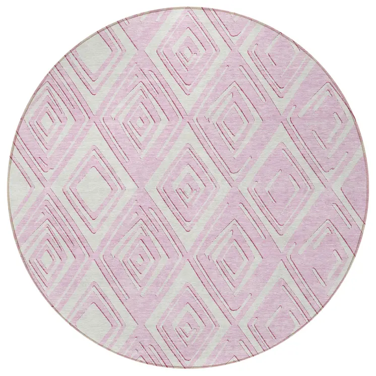 8' Pink And Ivory Round Geometric Washable Indoor Outdoor Area Rug
