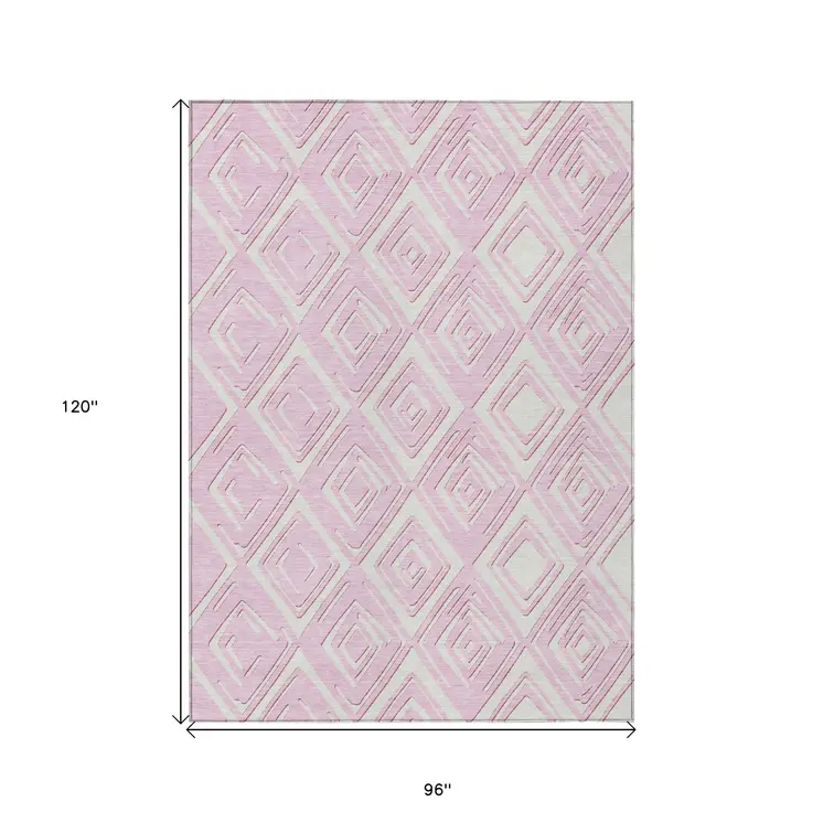 8' X 10' Pink And Ivory Geometric Washable Indoor Outdoor Area Rug