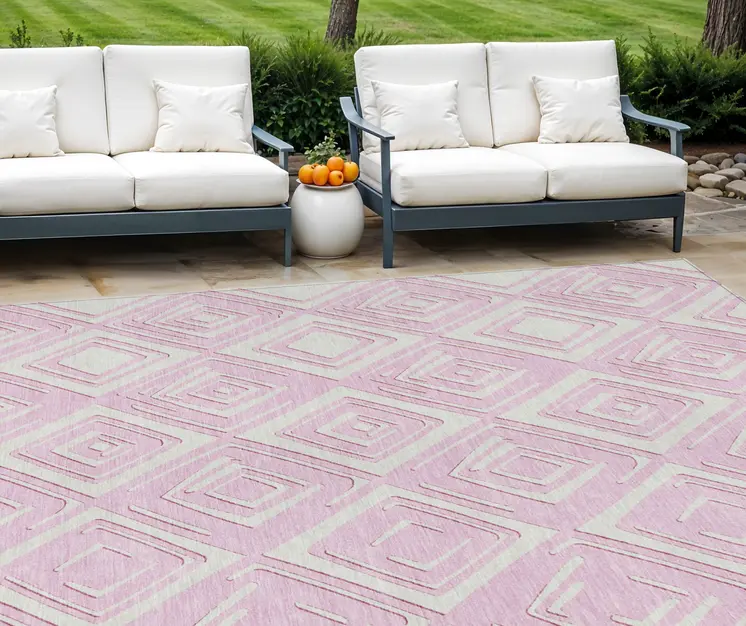 9' X 12' Pink And Ivory Geometric Washable Indoor Outdoor Area Rug