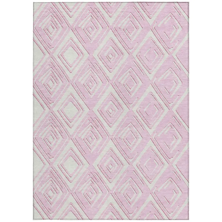 10' X 14' Pink And Ivory Geometric Washable Indoor Outdoor Area Rug