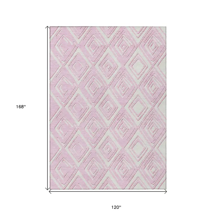 10' X 14' Pink And Ivory Geometric Washable Indoor Outdoor Area Rug