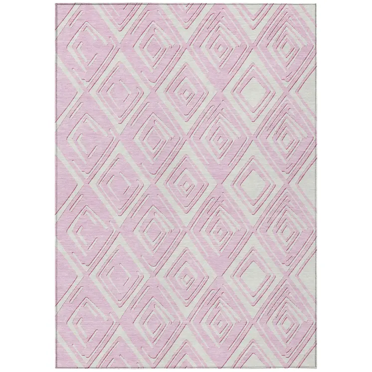 10' X 14' Pink And Ivory Geometric Washable Indoor Outdoor Area Rug