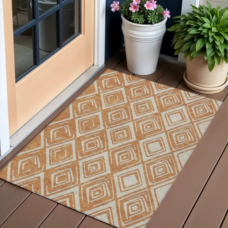 3' X 5' Orange And Ivory Geometric Washable Indoor Outdoor Area Rug
