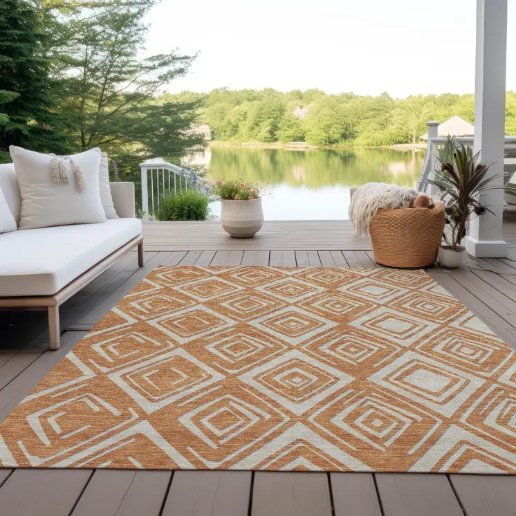 5' X 8' Orange And Ivory Geometric Washable Indoor Outdoor Area Rug