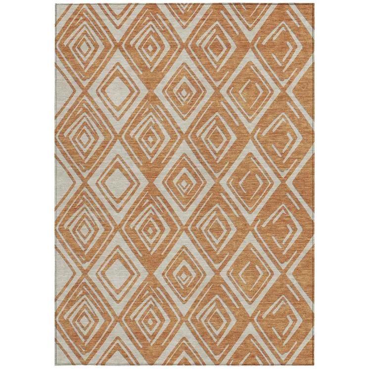 5' X 8' Orange And Ivory Geometric Washable Indoor Outdoor Area Rug