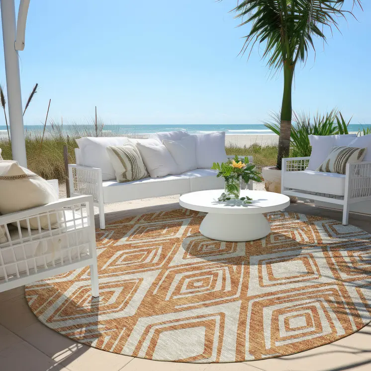 8' Orange And Ivory Round Geometric Washable Indoor Outdoor Area Rug