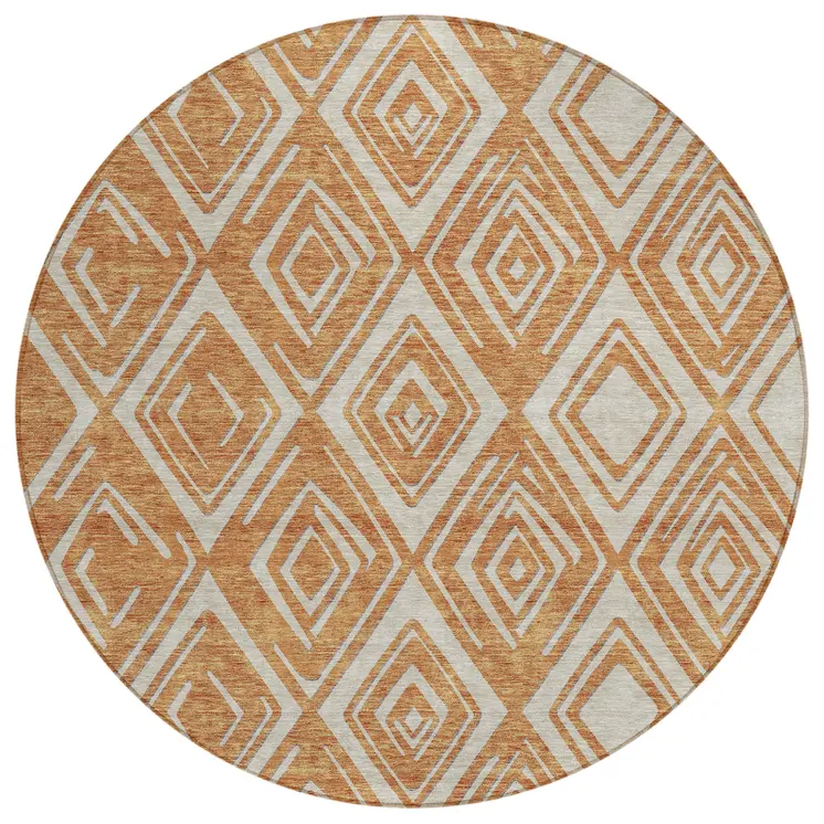 8' Orange And Ivory Round Geometric Washable Indoor Outdoor Area Rug