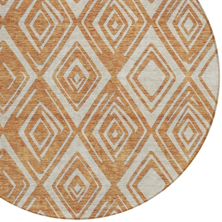 8' Orange And Ivory Round Geometric Washable Indoor Outdoor Area Rug