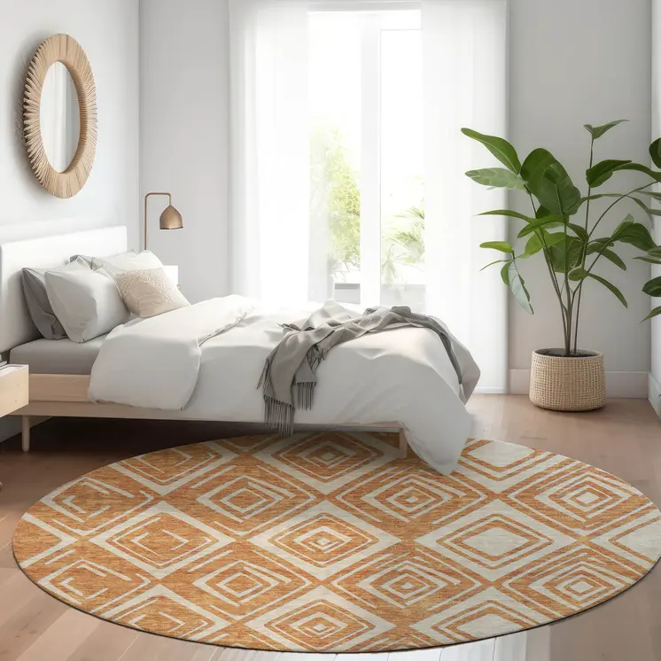8' Orange And Ivory Round Geometric Washable Indoor Outdoor Area Rug