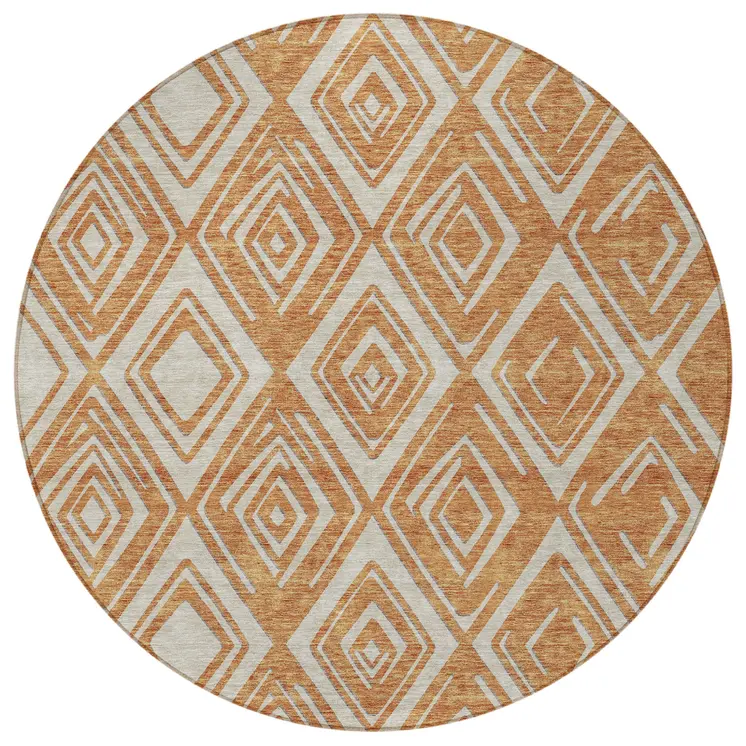8' Orange And Ivory Round Geometric Washable Indoor Outdoor Area Rug