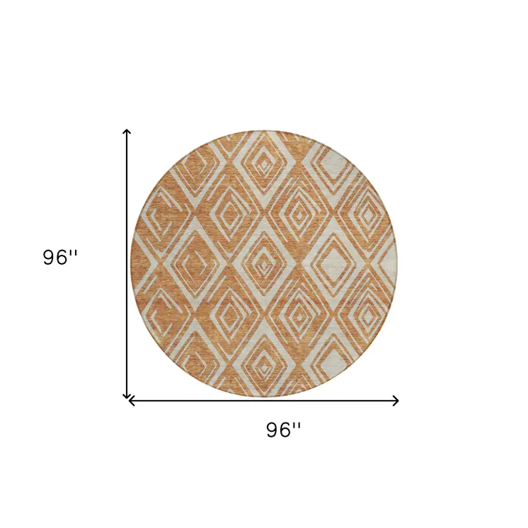 8' Orange And Ivory Round Geometric Washable Indoor Outdoor Area Rug