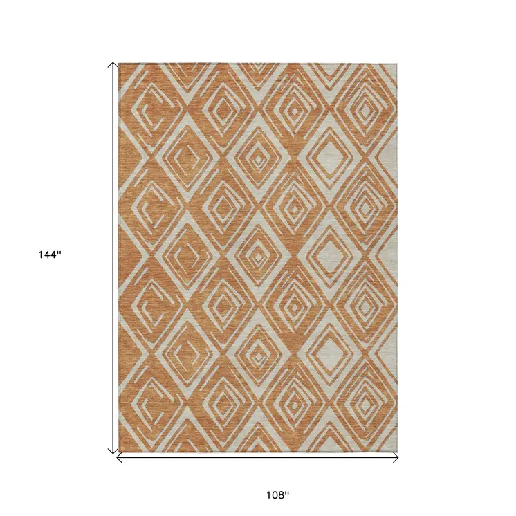 9' X 12' Orange And Ivory Geometric Washable Indoor Outdoor Area Rug