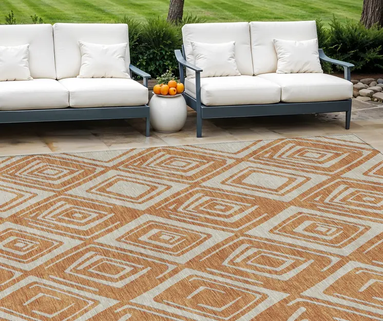 9' X 12' Orange And Ivory Geometric Washable Indoor Outdoor Area Rug