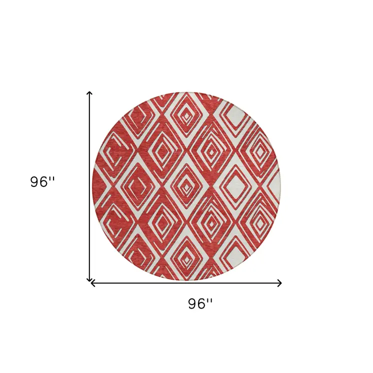 8' Red And Ivory Round Geometric Washable Indoor Outdoor Area Rug