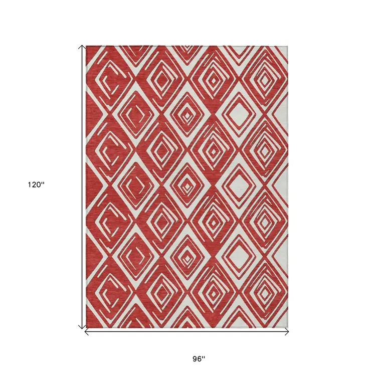 8' X 10' Red And Ivory Geometric Washable Indoor Outdoor Area Rug