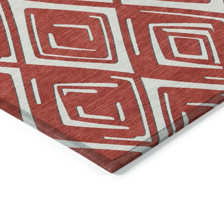 8' X 10' Red And Ivory Geometric Washable Indoor Outdoor Area Rug