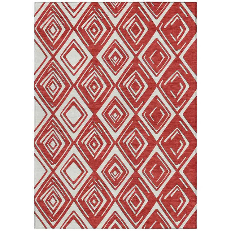 8' X 10' Red And Ivory Geometric Washable Indoor Outdoor Area Rug
