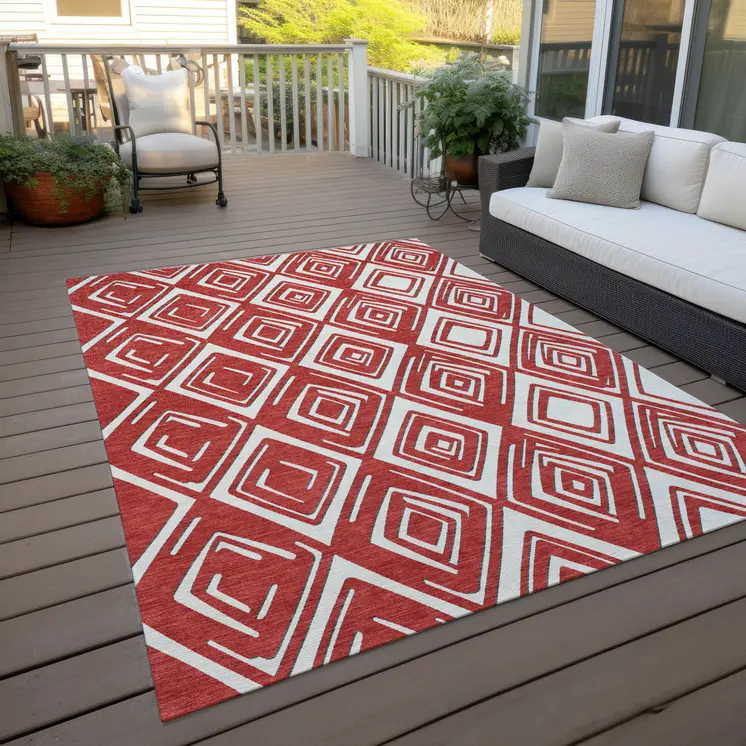 9' X 12' Red And Ivory Geometric Washable Indoor Outdoor Area Rug