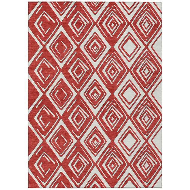 9' X 12' Red And Ivory Geometric Washable Indoor Outdoor Area Rug