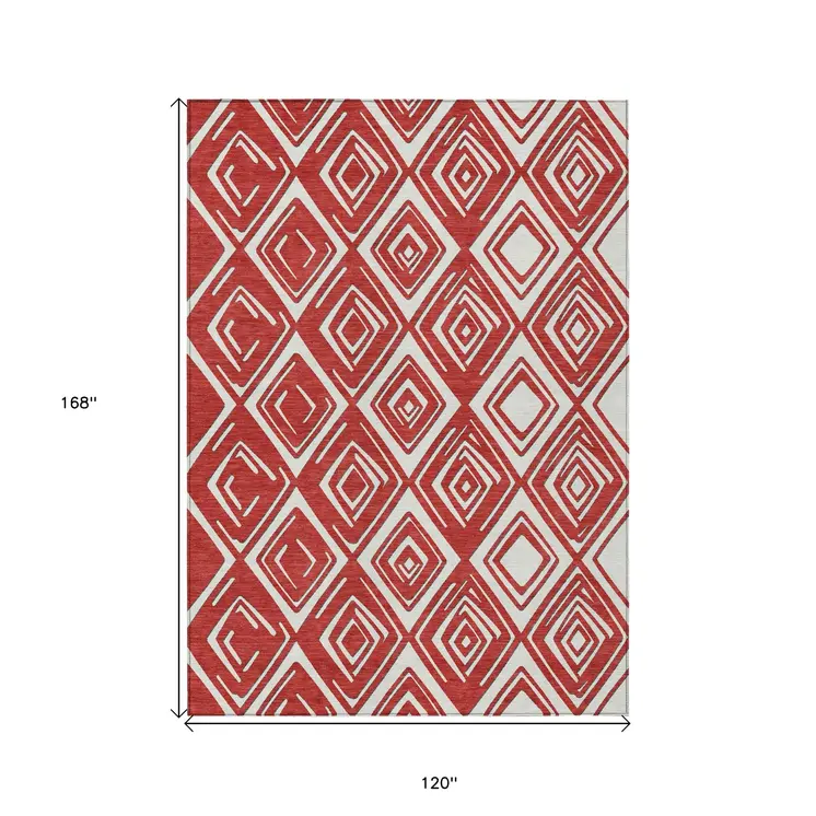 10' X 14' Red And Ivory Geometric Washable Indoor Outdoor Area Rug