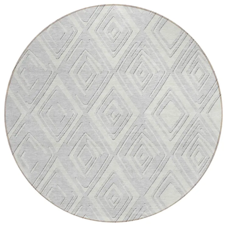 8' Silver And Ivory Round Geometric Washable Indoor Outdoor Area Rug