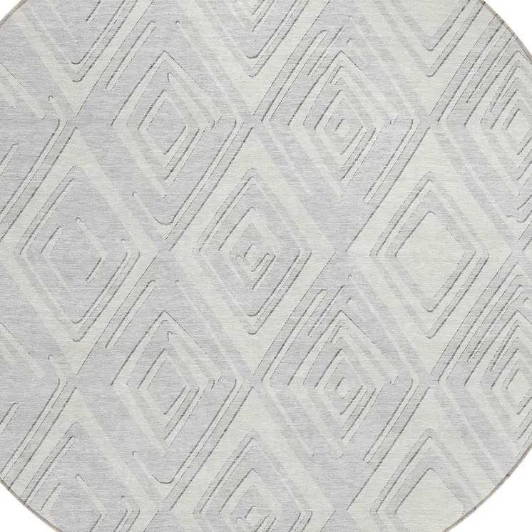8' Silver And Ivory Round Geometric Washable Indoor Outdoor Area Rug