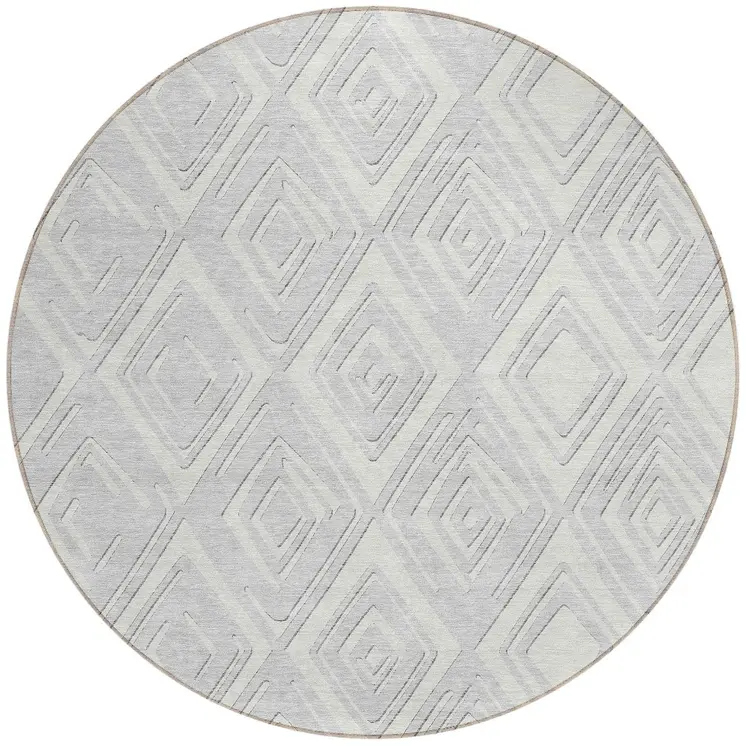 8' Silver And Ivory Round Geometric Washable Indoor Outdoor Area Rug