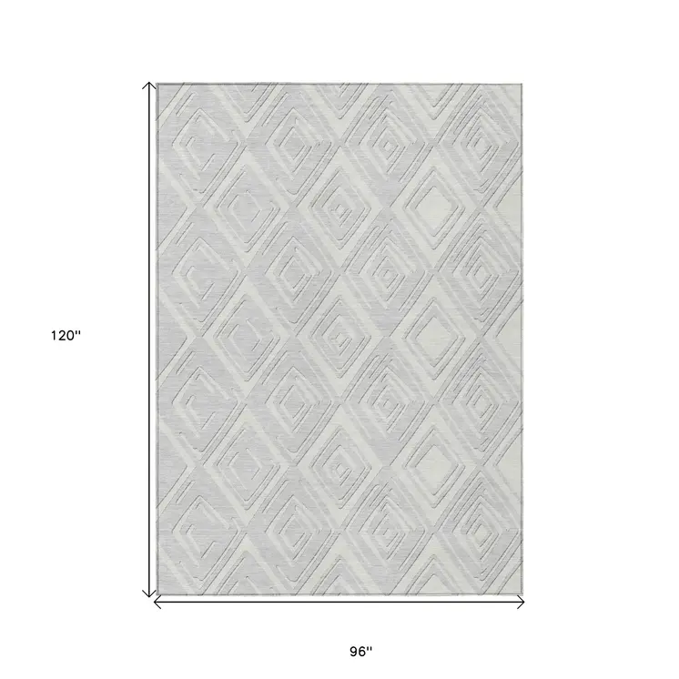 8' X 10' Silver And Ivory Geometric Washable Indoor Outdoor Area Rug