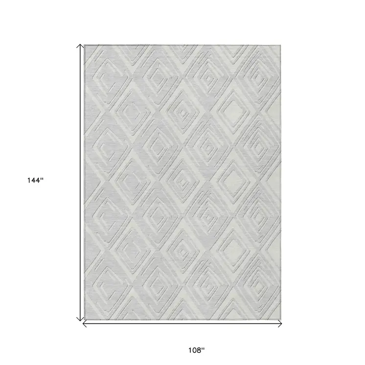 9' X 12' Silver And Ivory Geometric Washable Indoor Outdoor Area Rug