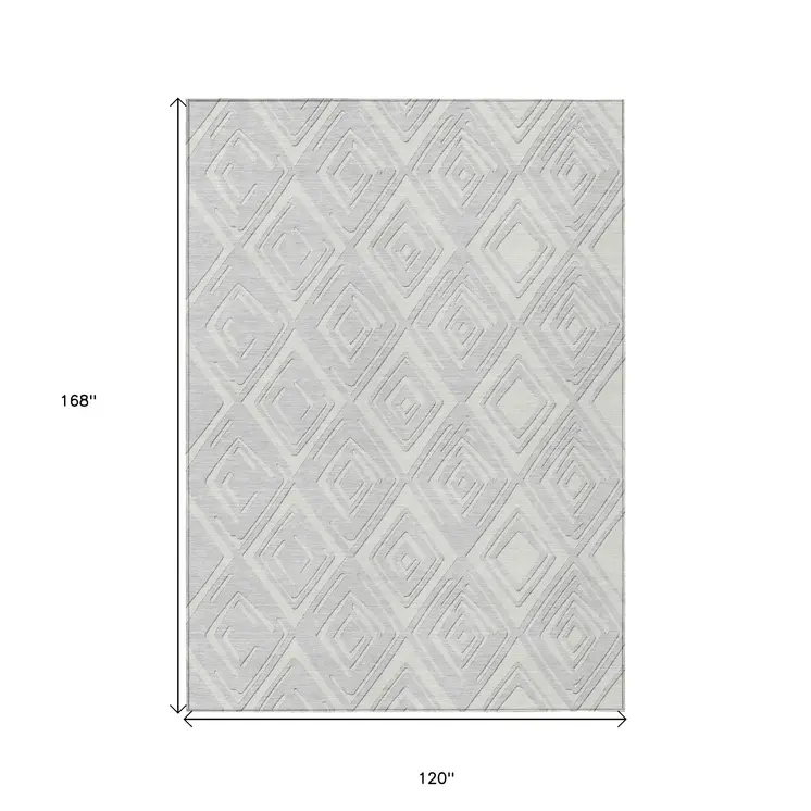 10' X 14' Silver And Ivory Geometric Washable Indoor Outdoor Area Rug