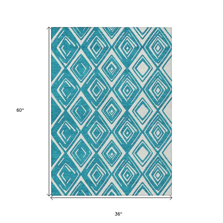 3' X 5' Teal Blue And Ivory Geometric Washable Indoor Outdoor Area Rug