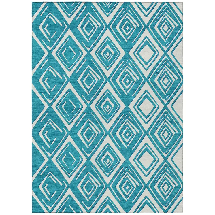 3' X 5' Teal Blue And Ivory Geometric Washable Indoor Outdoor Area Rug
