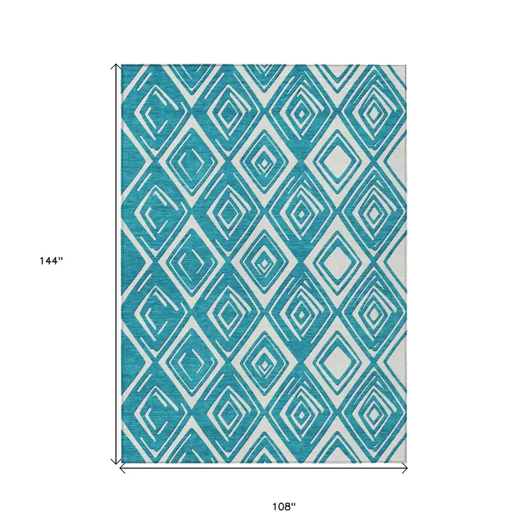 9' X 12' Teal Blue And Ivory Geometric Washable Indoor Outdoor Area Rug