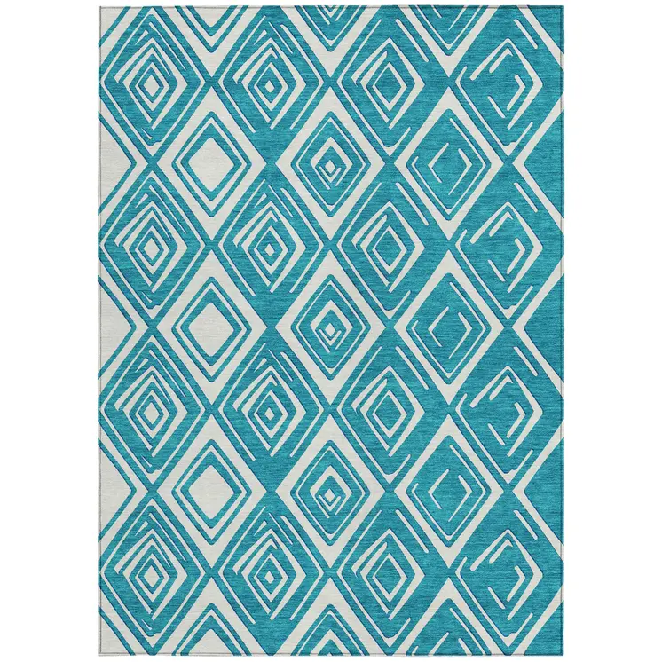 10' X 14' Teal Blue And Ivory Geometric Washable Indoor Outdoor Area Rug