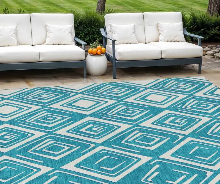 10' X 14' Teal Blue And Ivory Geometric Washable Indoor Outdoor Area Rug