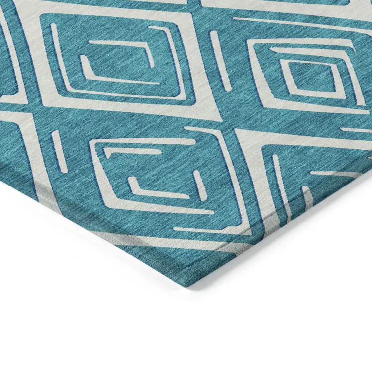 10' X 14' Teal Blue And Ivory Geometric Washable Indoor Outdoor Area Rug