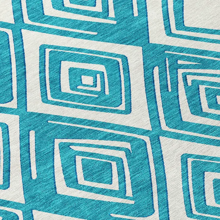 10' X 14' Teal Blue And Ivory Geometric Washable Indoor Outdoor Area Rug