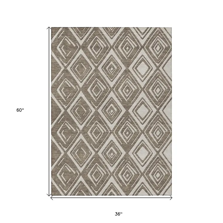 3' X 5' Taupe And Beige Geometric Washable Indoor Outdoor Area Rug