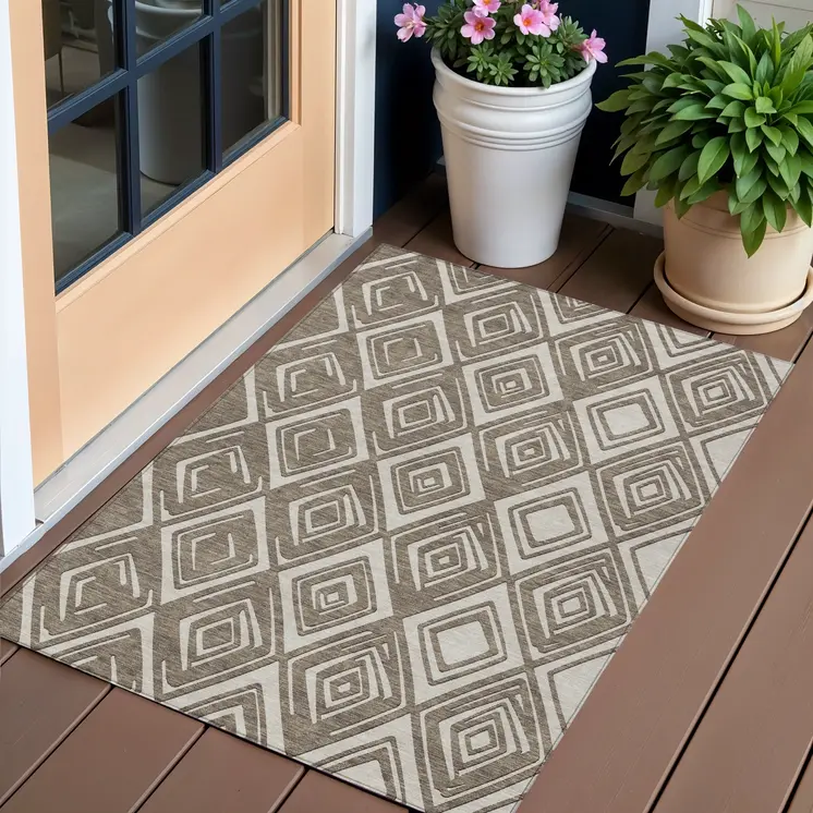 3' X 5' Taupe And Beige Geometric Washable Indoor Outdoor Area Rug