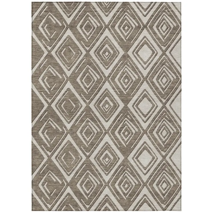 5' X 8' Taupe And Beige Geometric Washable Indoor Outdoor Area Rug