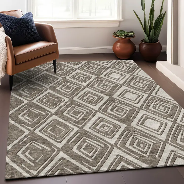 5' X 8' Taupe And Beige Geometric Washable Indoor Outdoor Area Rug