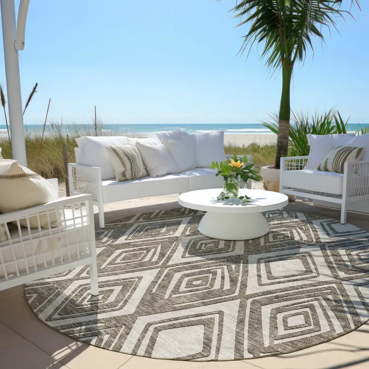 8' Taupe And Beige Round Geometric Washable Indoor Outdoor Area Rug