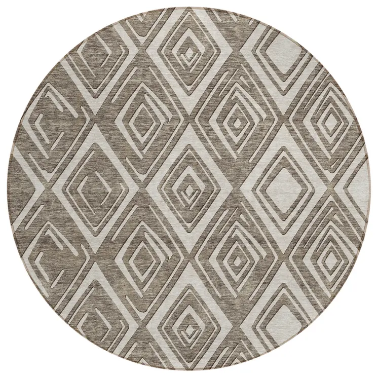 8' Taupe And Beige Round Geometric Washable Indoor Outdoor Area Rug